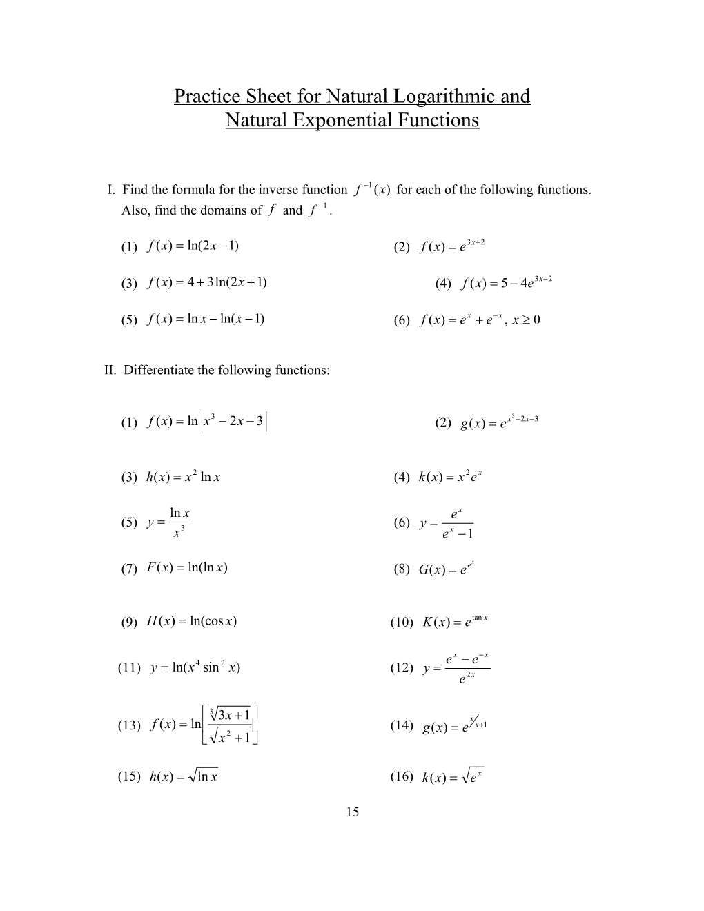 Practice Sheet For Natural Logarithmic And