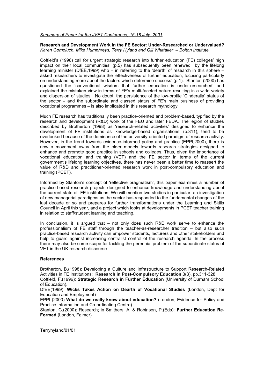 Summary of Paper for the JVET Conference, 16-18 July 2001