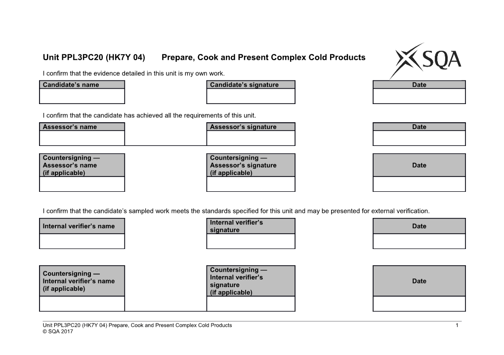 Unit PPL3PC20 (HK7Y 04) Prepare, Cook and Present Complex Cold Products