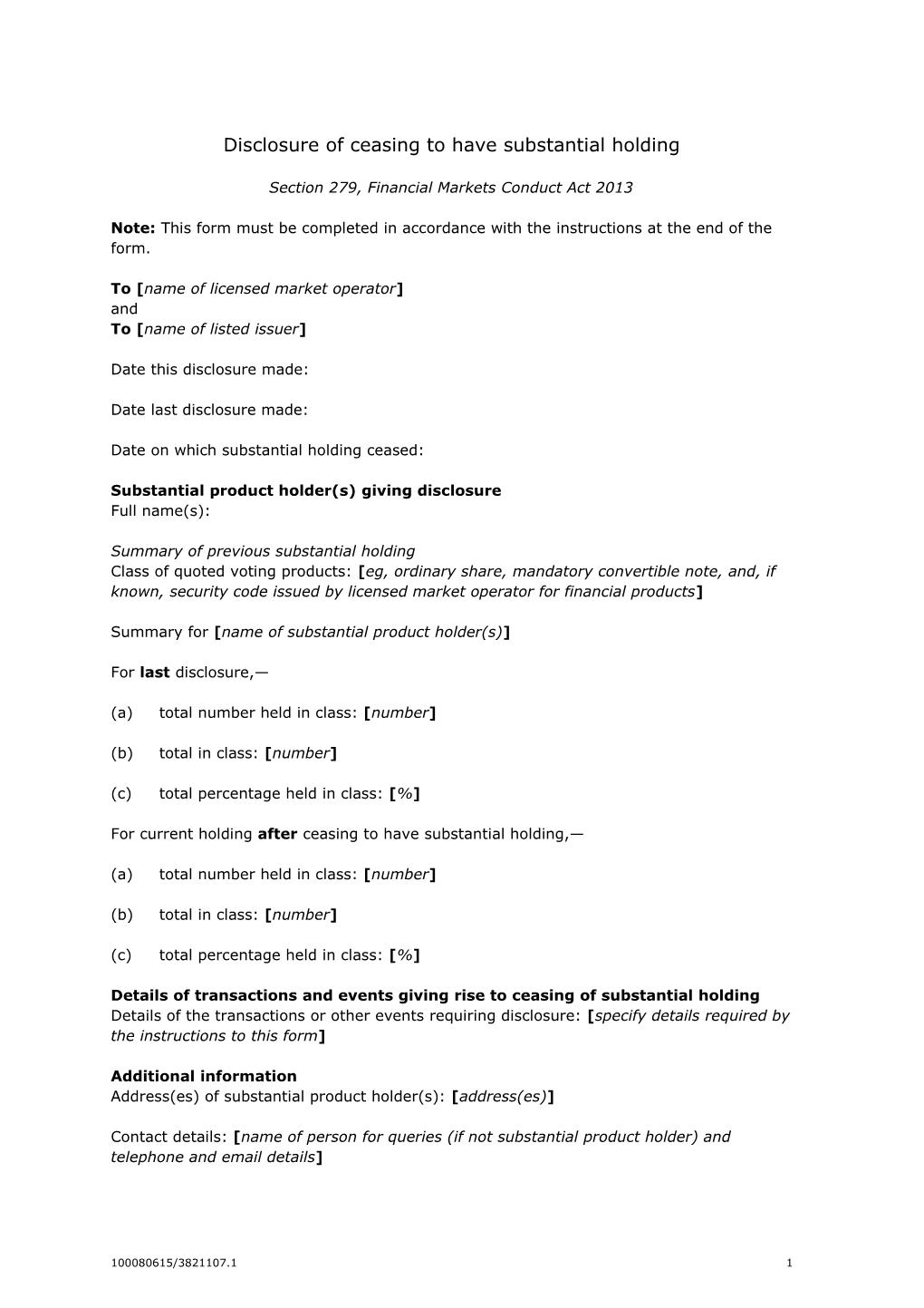 Disclosure of Ceasing to Have Substantial Holding