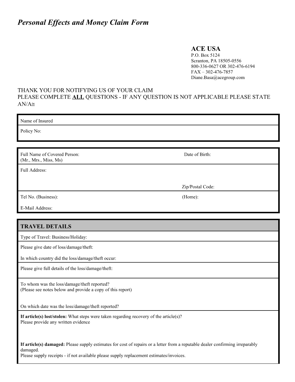 Personal Effects and Money Claim Form