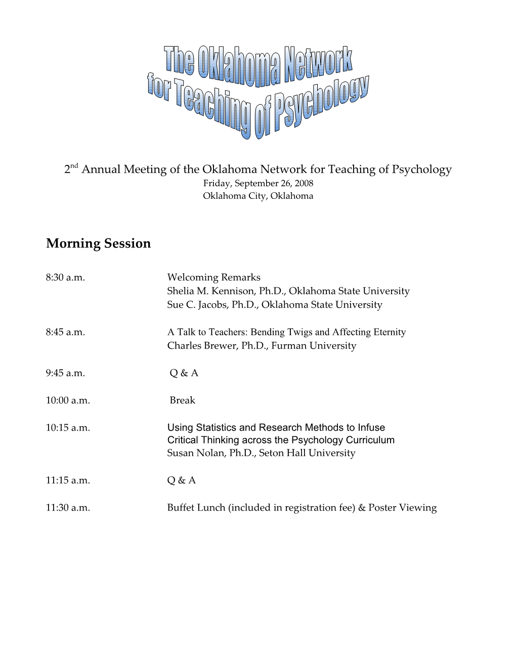2Nd Annual Meeting of the Oklahoma Network for Teaching of Psychology