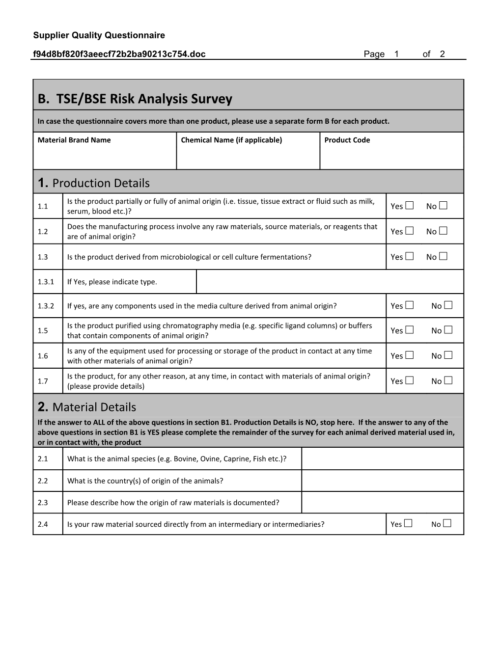 Supplier Quality Evaluation Questionnaire