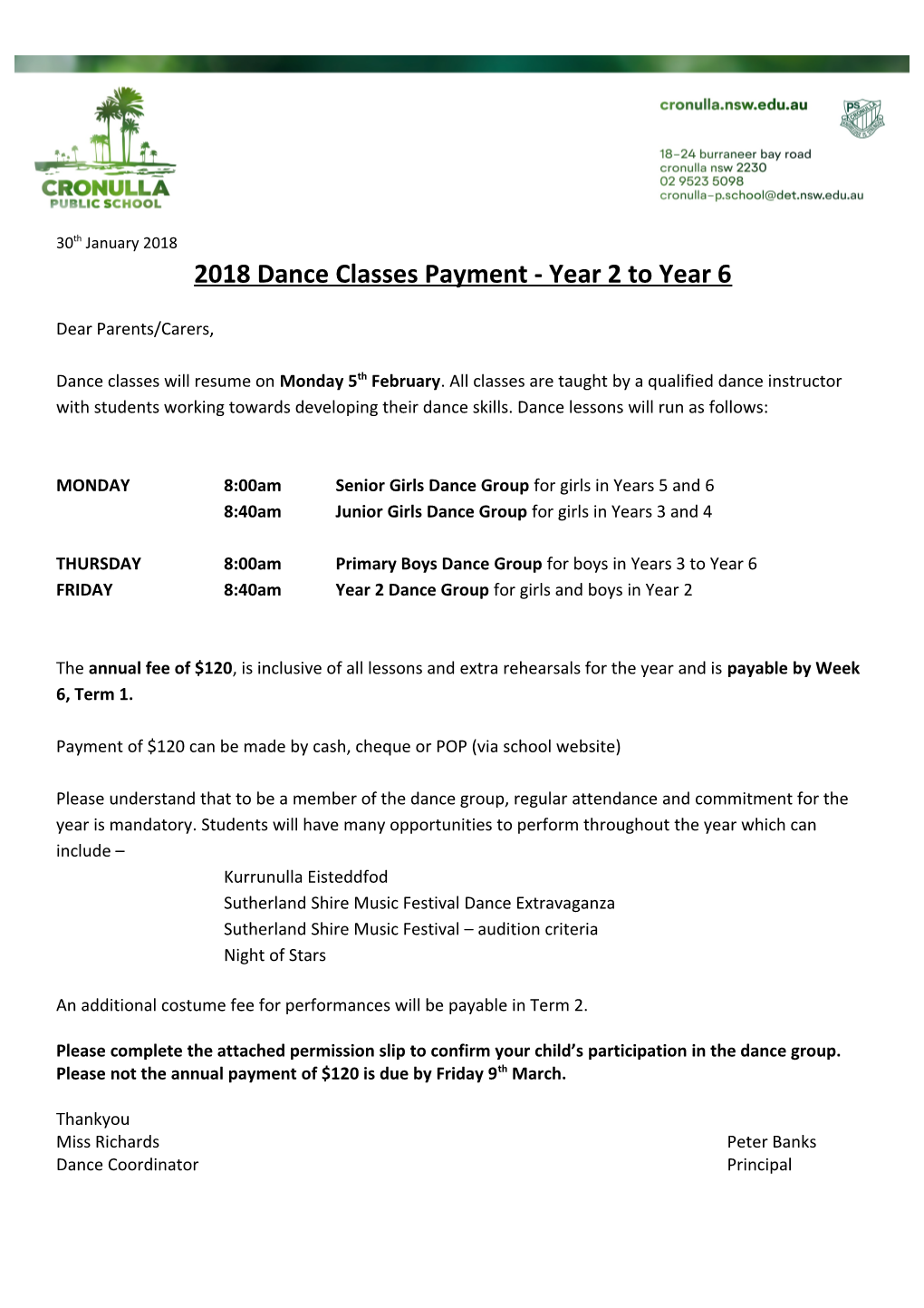 2018 Dance Classes Payment - Year 2 to Year 6