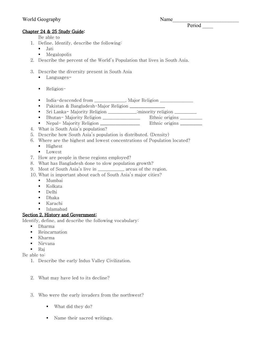 Chapter 24 & 24 Study Guide: South Asia