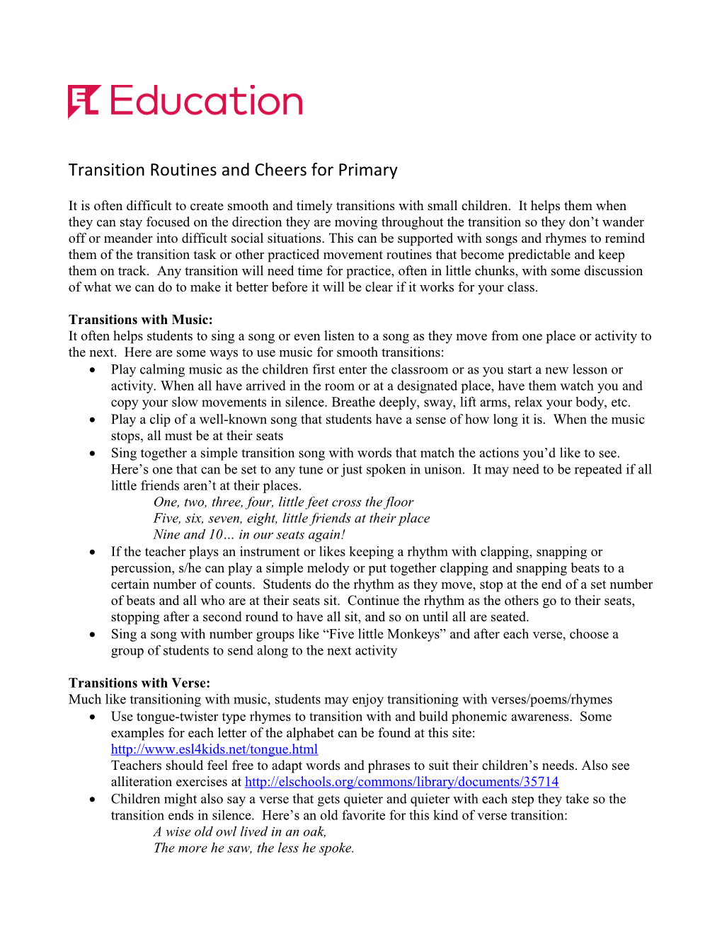 Transition Routines And Activities