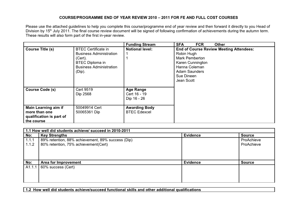 Course/Programme End of Year Review 2010 2011 for Fe and Full Cost Courses