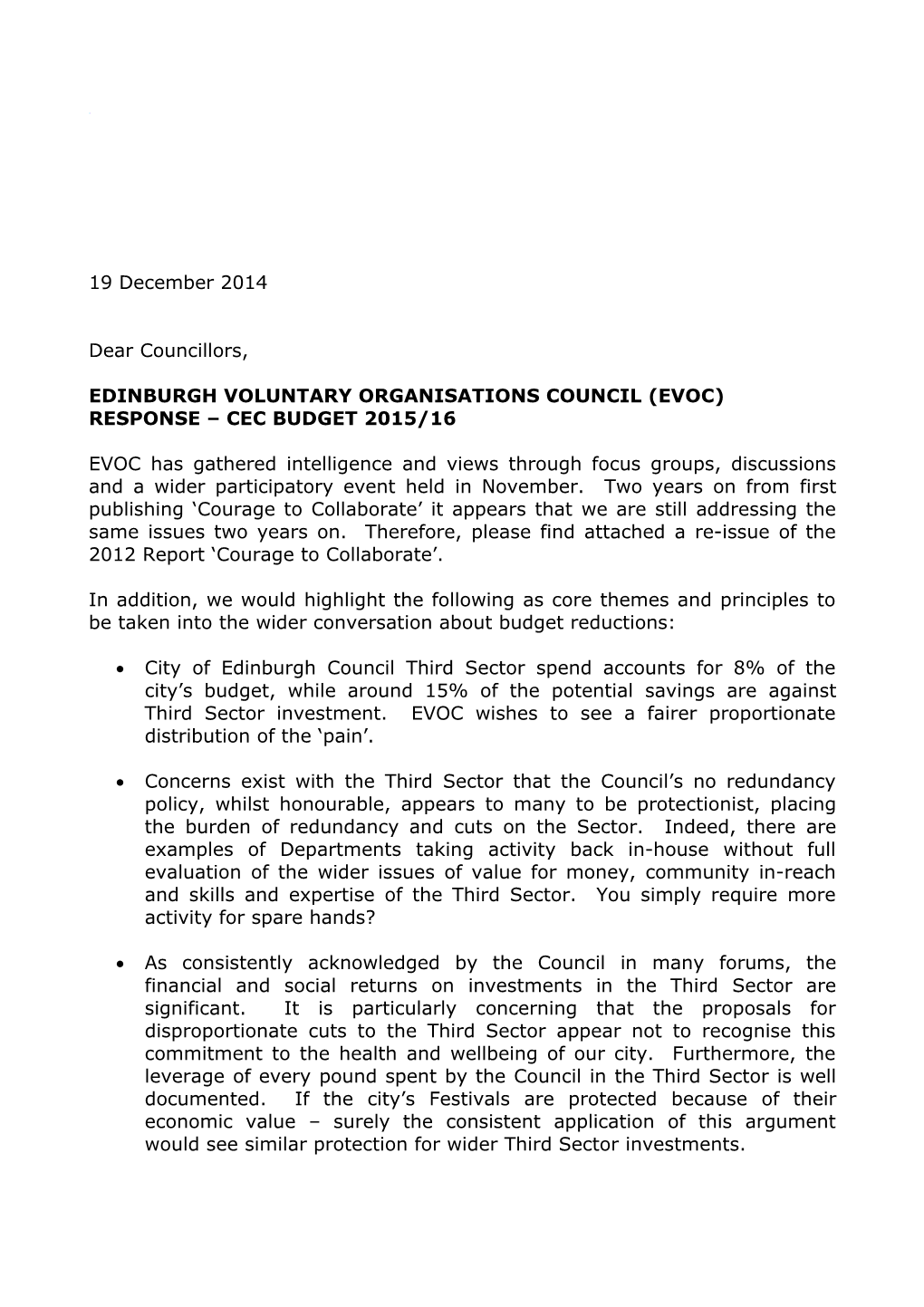 Edinburgh Voluntary Organisations Council (EVOC) RESPONSE CEC BUDGET 2015/16