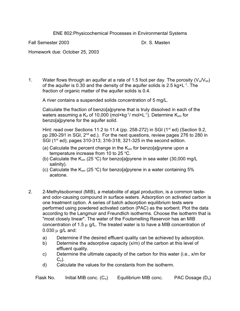 ENE 802:Physicochemical Processes in Environmental Systems