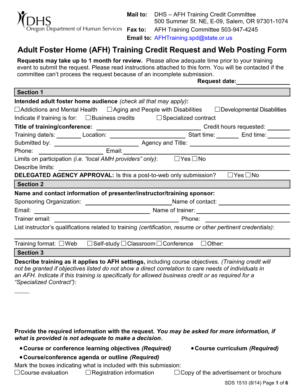 Adult Foster Home (AFH) Training Credit Request and Web Posting Form