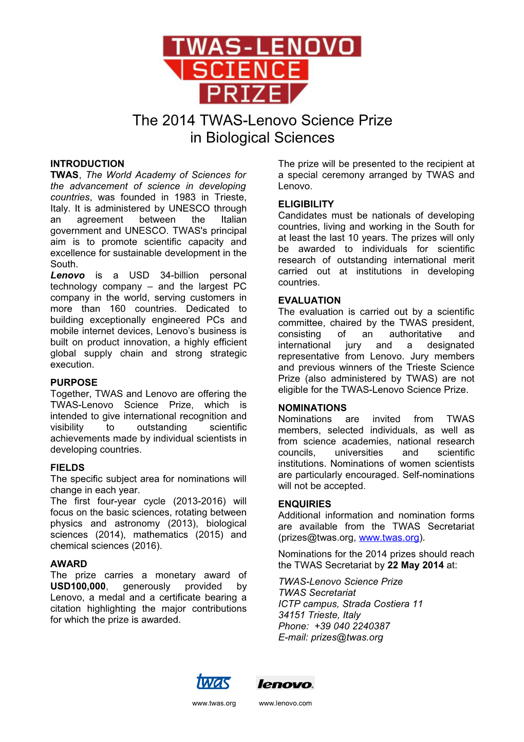 The 2014 TWAS-Lenovo Science Prize