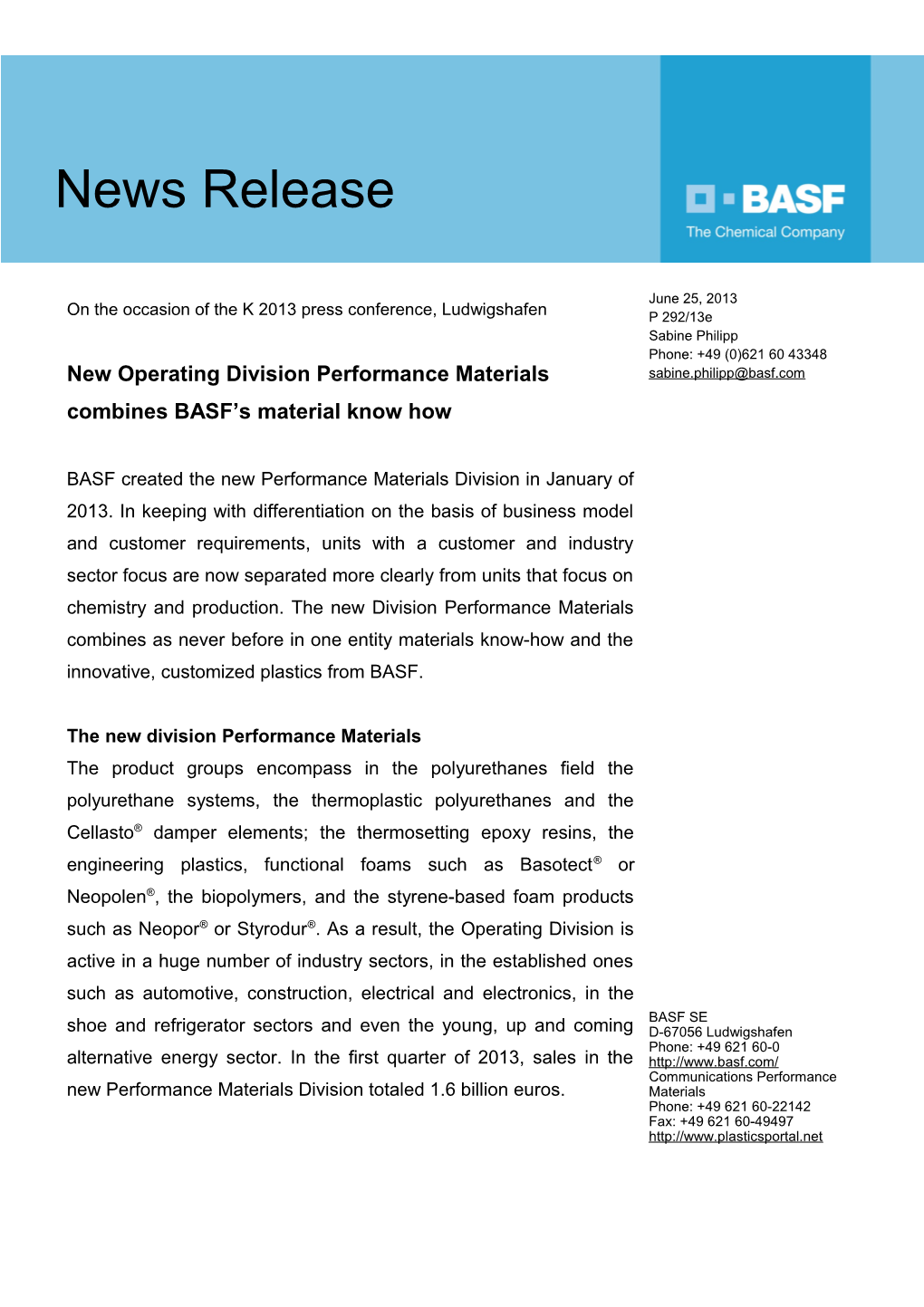 New Operating Division Performance Materials Combines BASF S Material Know How