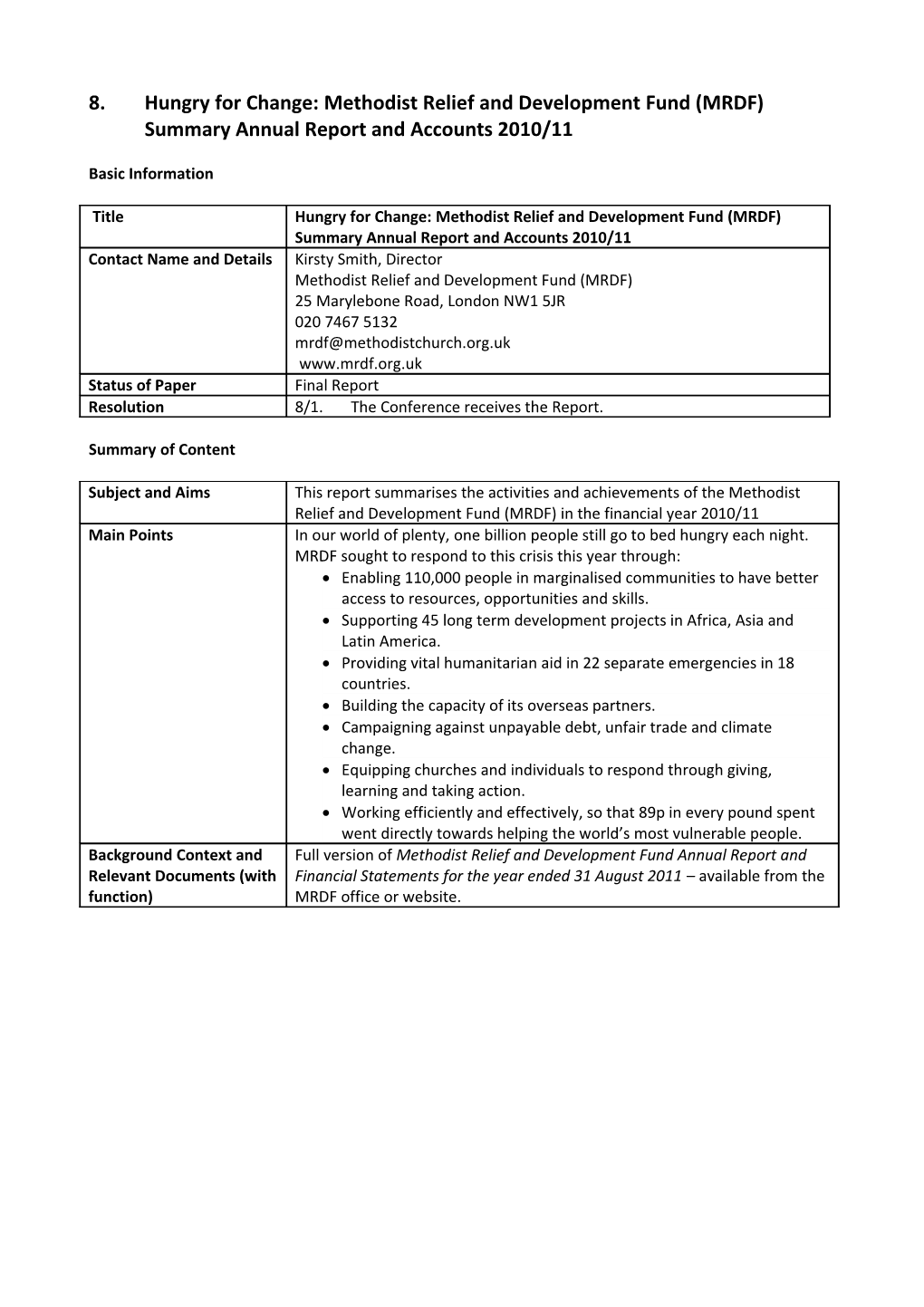 8. Hungry for Change: Methodist Relief and Development Fund (MRDF)