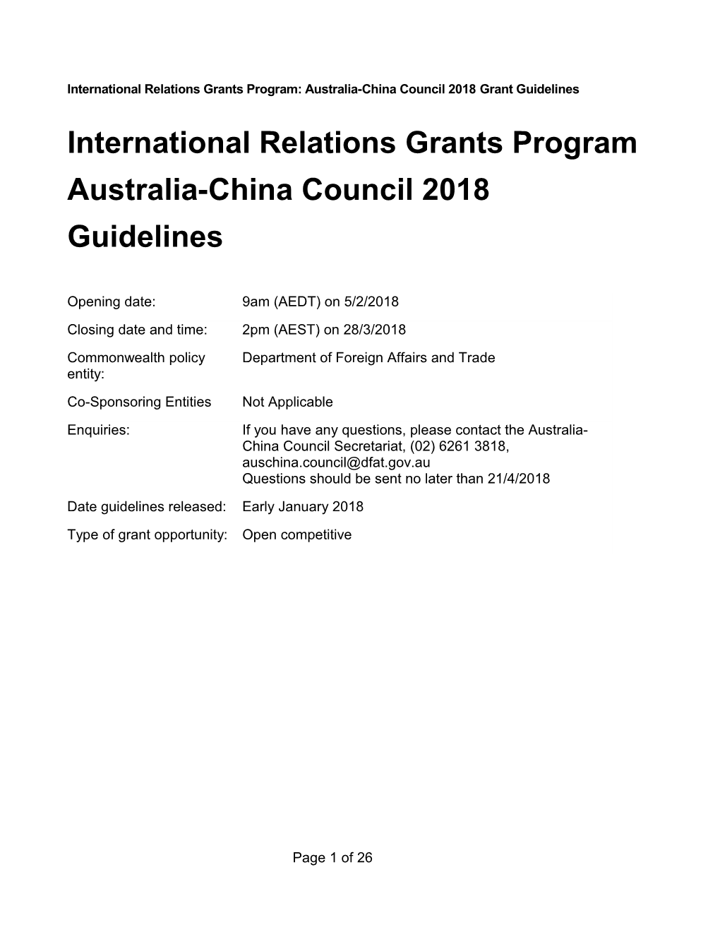 International Relations Grants Program: Australia-China Council 2018Grant Guidelines