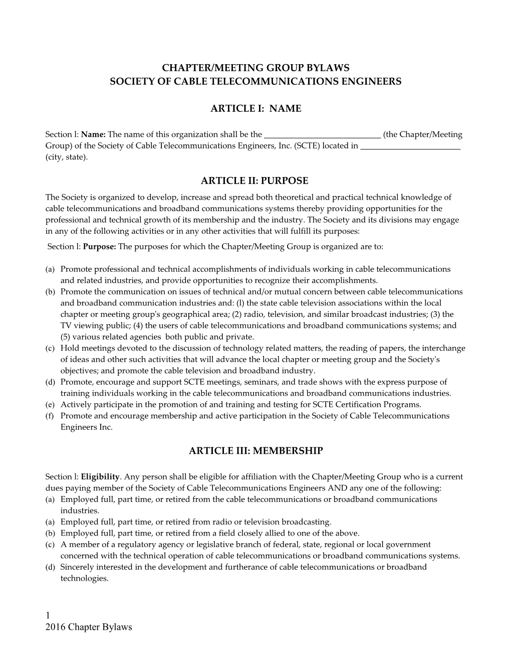 National Bylaws of the Society of Cable Telecommunications Engineers Inc