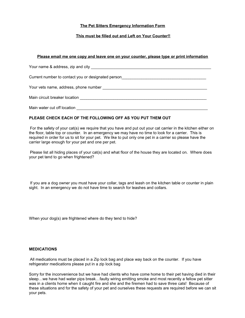 The Pet Sitters Emergency Information Form