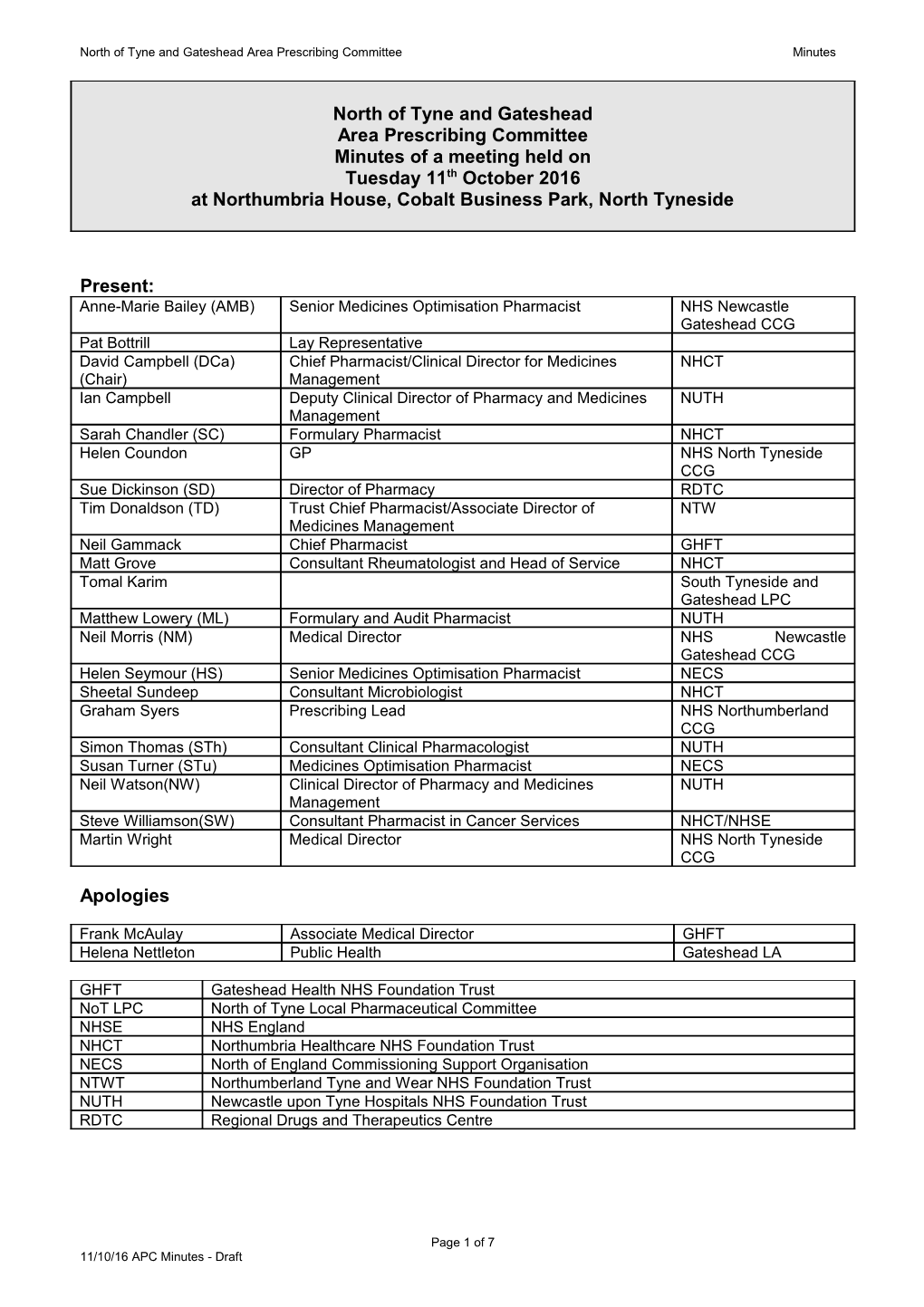 North of Tyne Area Prescribing Committee - Minutes