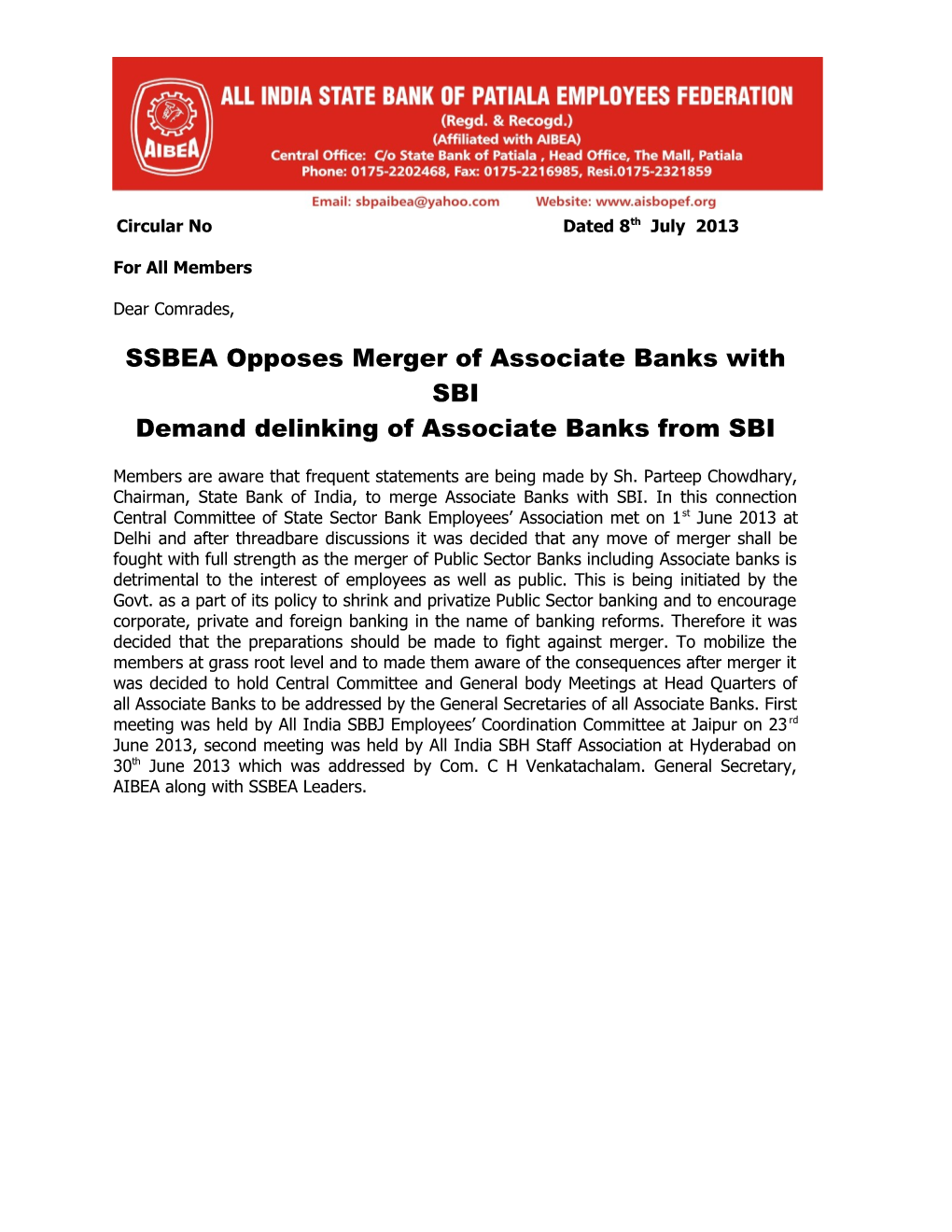SSBEA Opposes Merger of Associate Banks with SBI