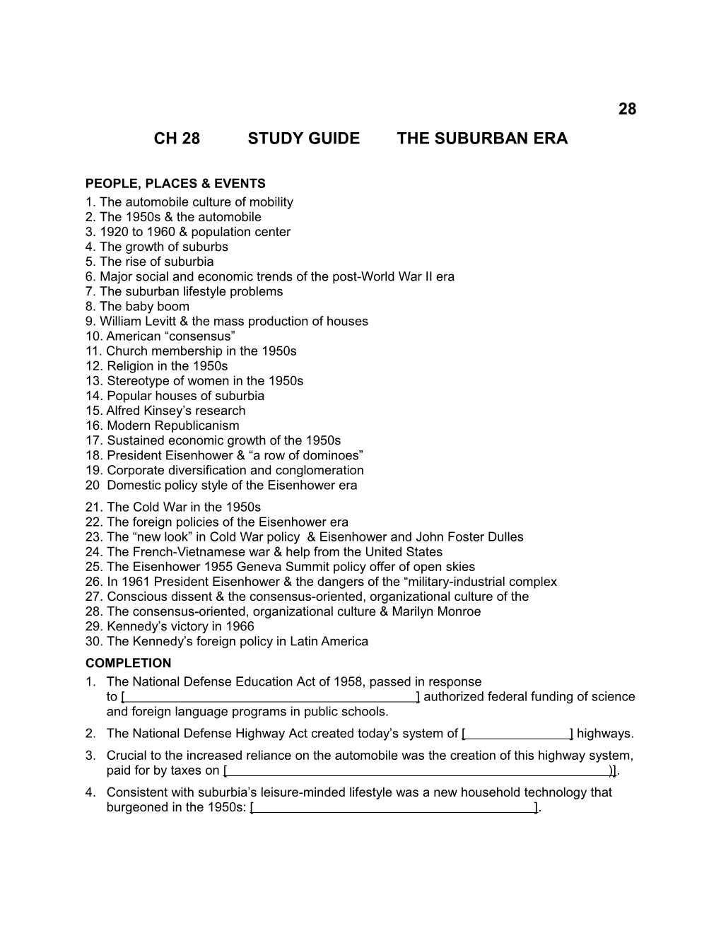 Ch 28 Study Guide the Suburban Era