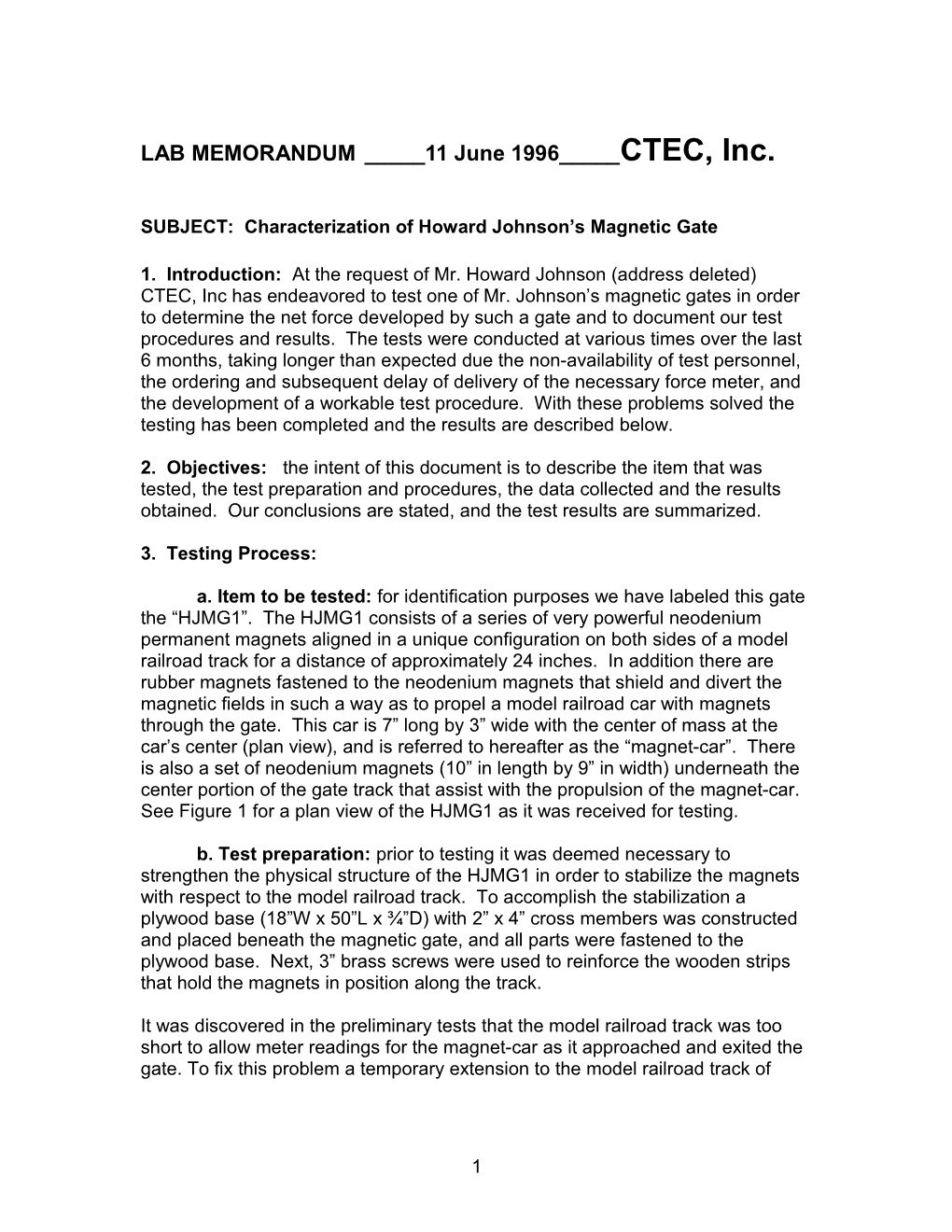 SUBJECT: Characterization of Howard Johnson S Magnetic Gate