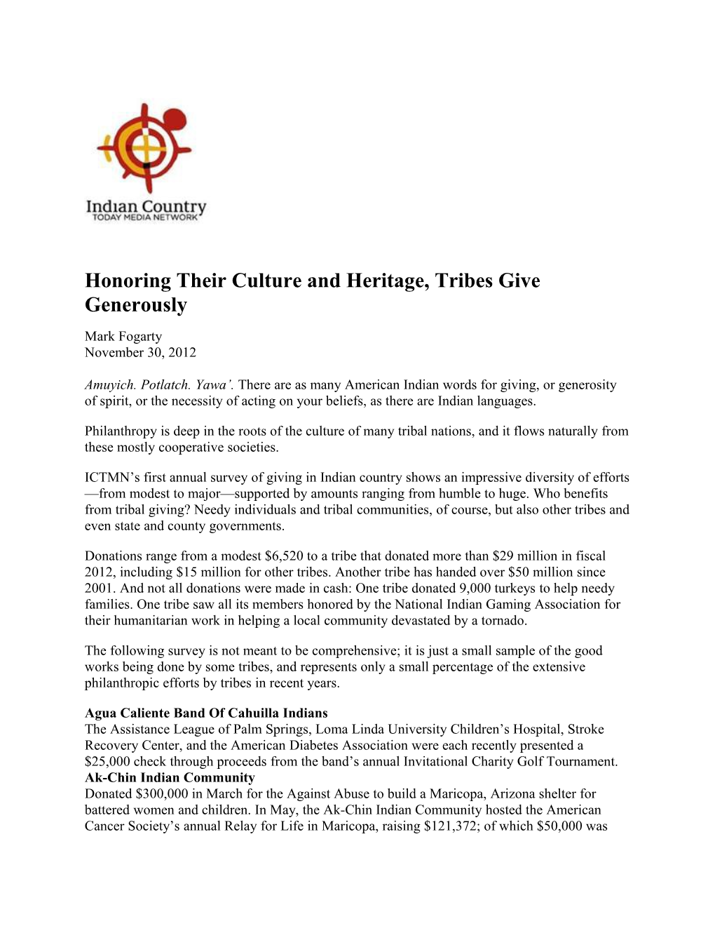 Honoring Their Culture and Heritage, Tribes Give Generously