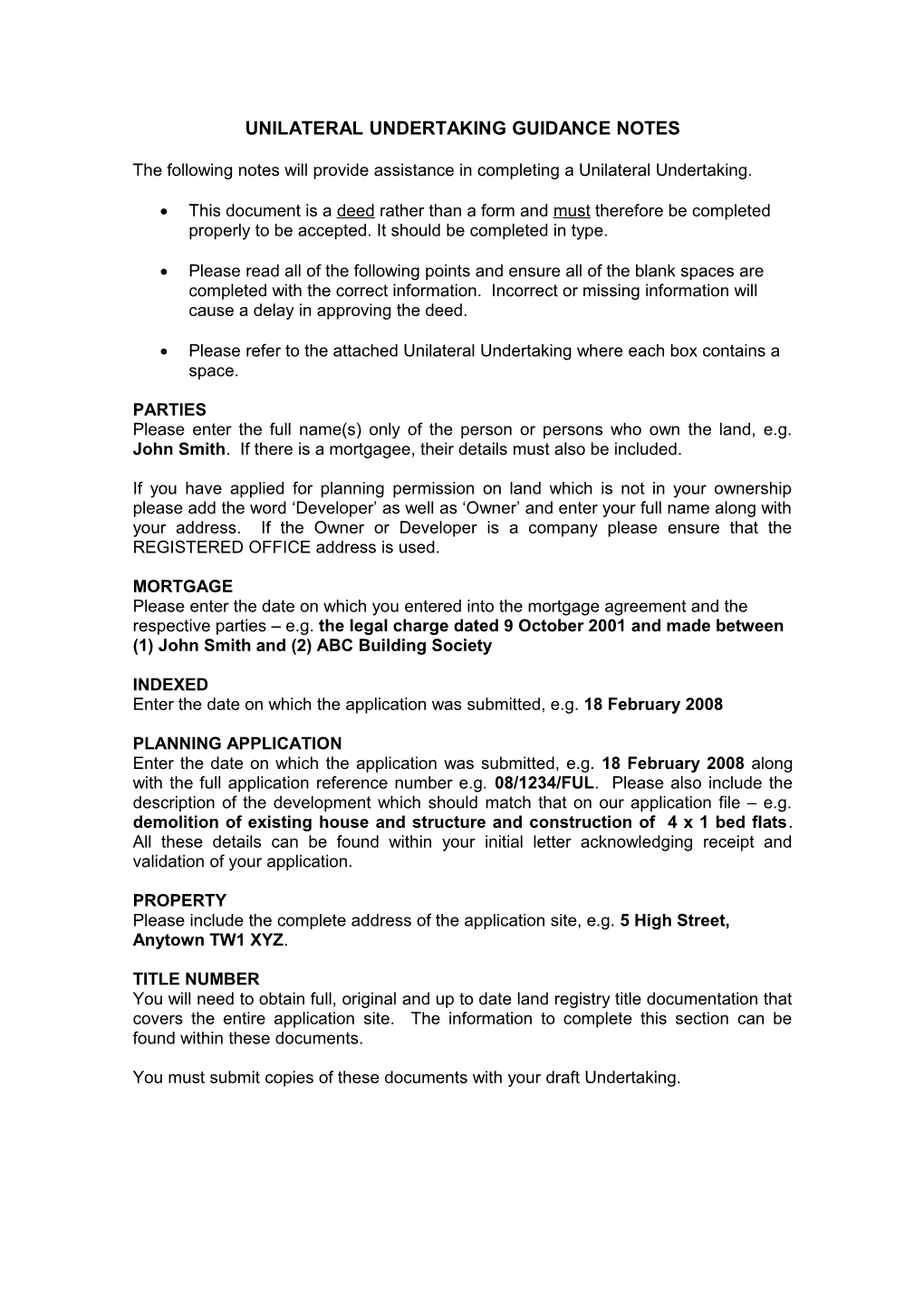 Unilateral Undertakingguidance Notes