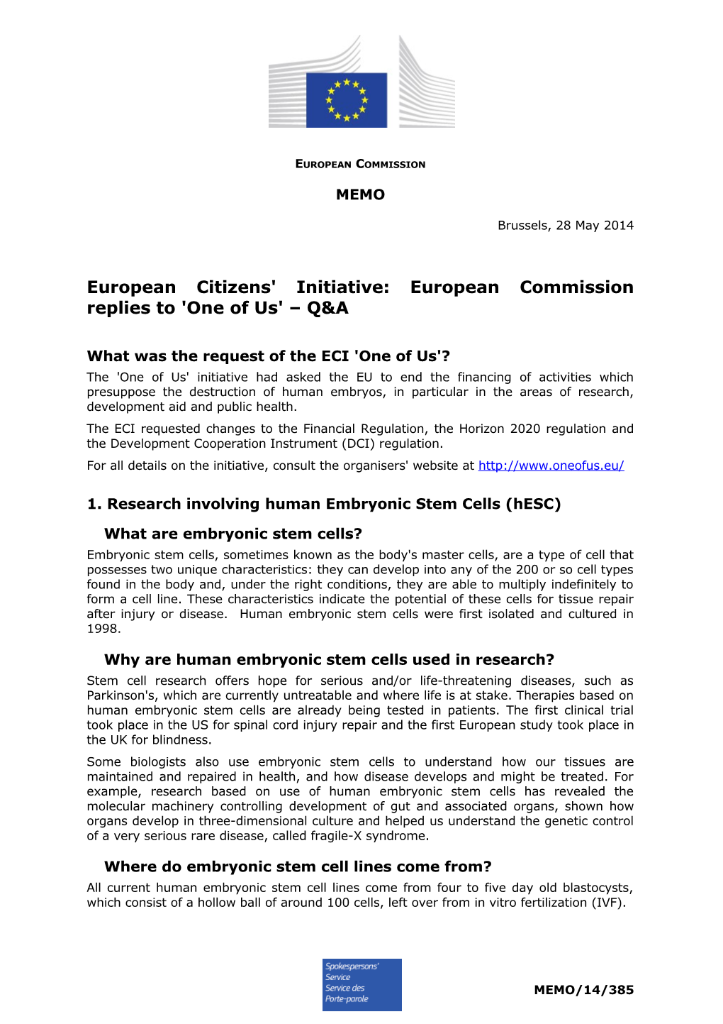 European Citizens' Initiative: European Commission Replies to 'One of Us' Q&A