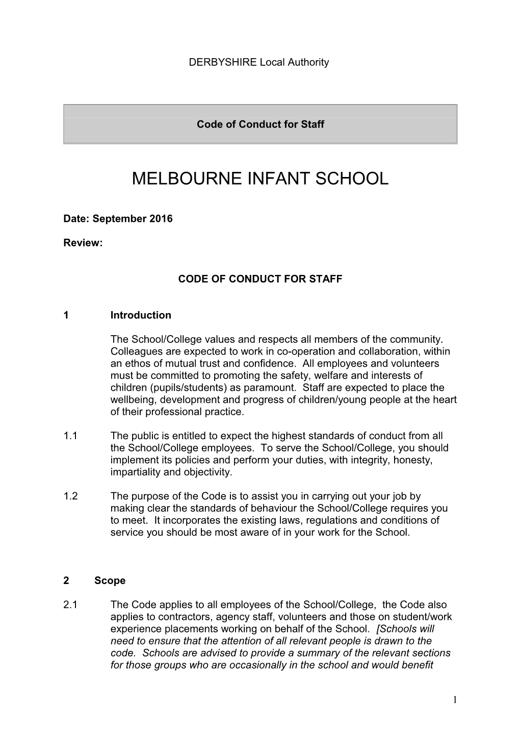 Code of Conduct for Staff
