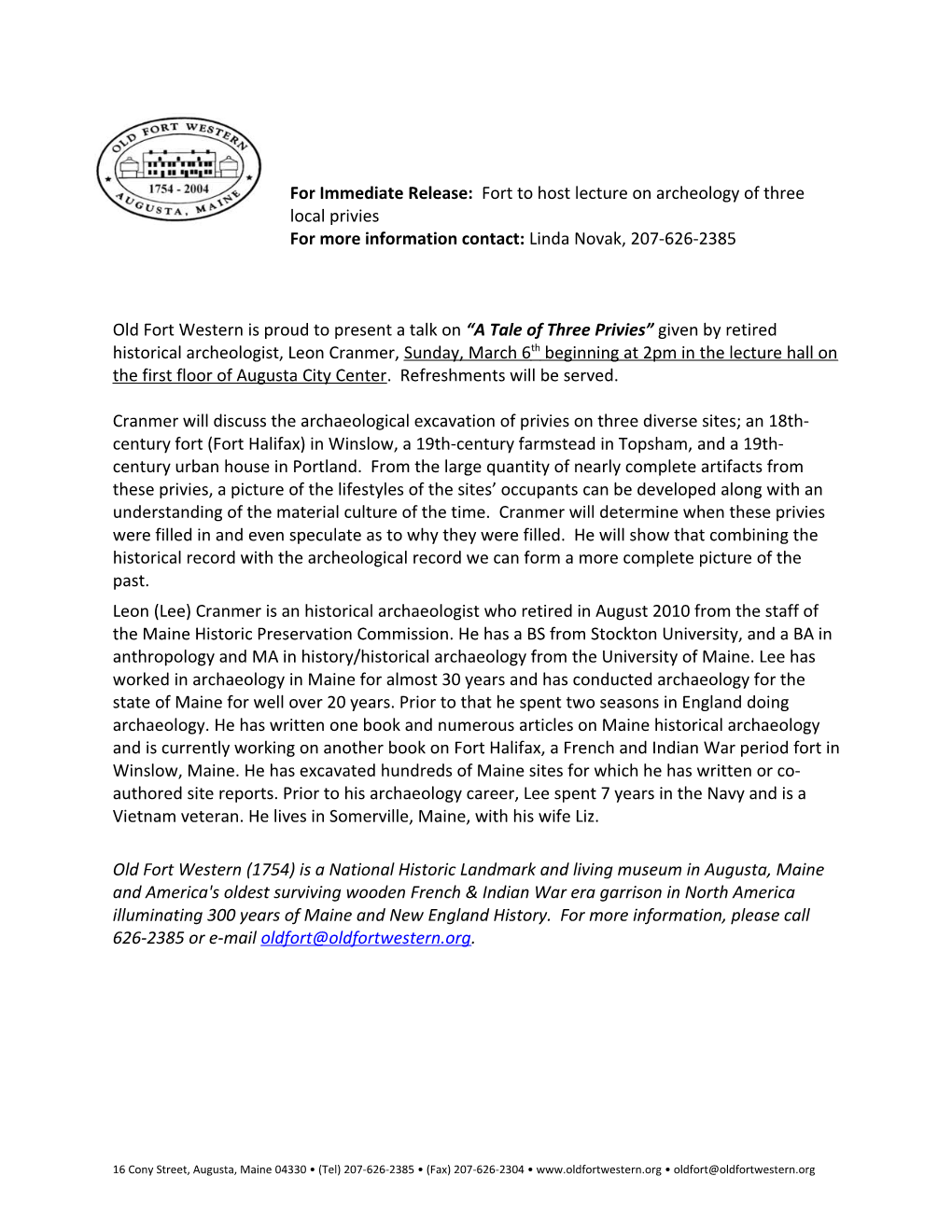 For Immediate Release: Fort to Host Lecture on Archeology of Three Local Privies