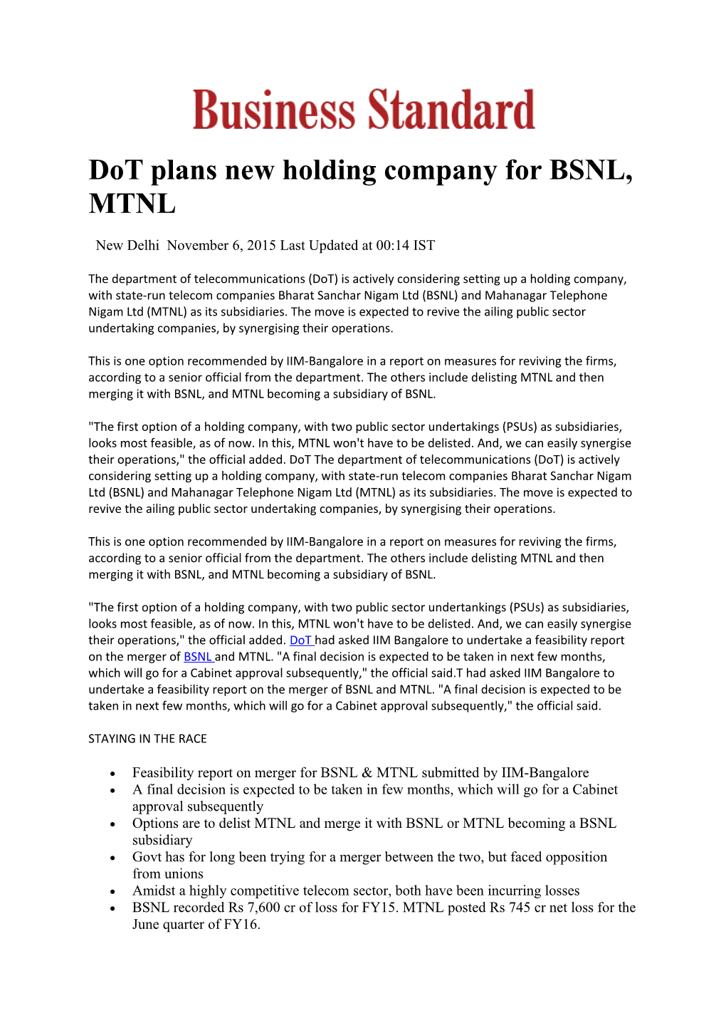 Dot Plans New Holding Company for BSNL, MTNL