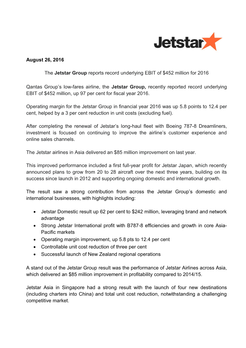 The Jetstar Group Reports Record Underlying EBIT of $452 Million for 2016