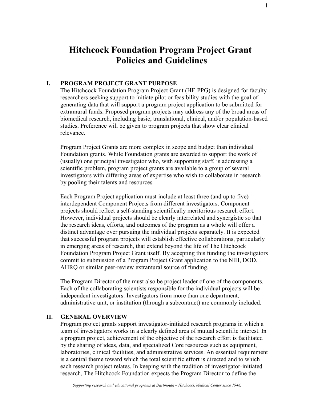 Hitchcock Foundation Program Project Grant (HF-PPG) Policies and Guidelines