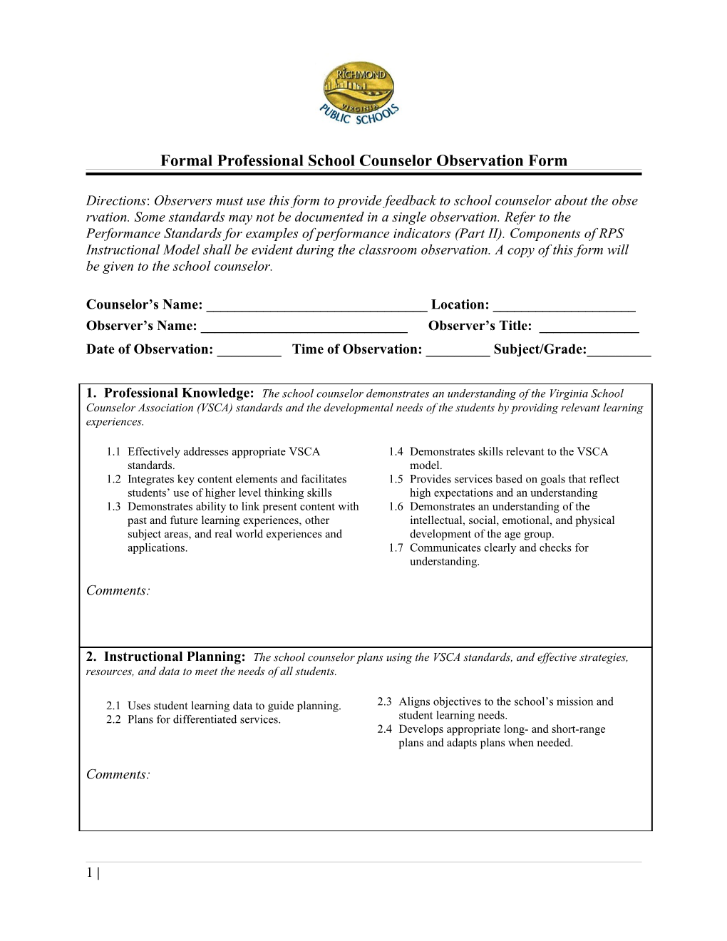 Formal Professional School Counselor Observation Form