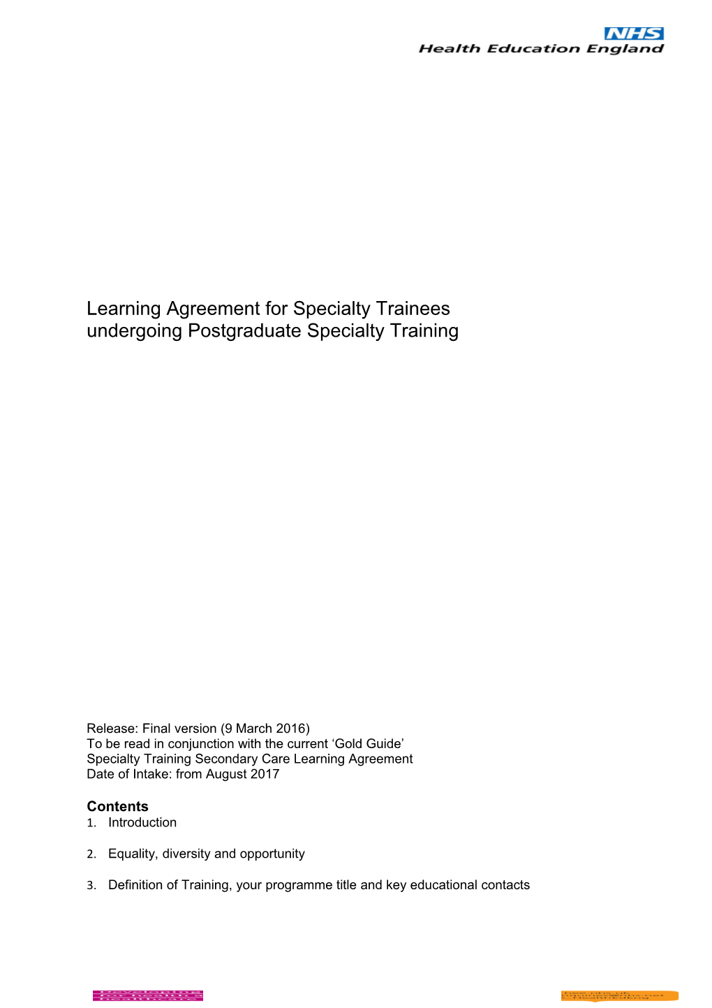 Learning Agreement for Specialty Trainees Undergoing Postgraduate Specialty Training