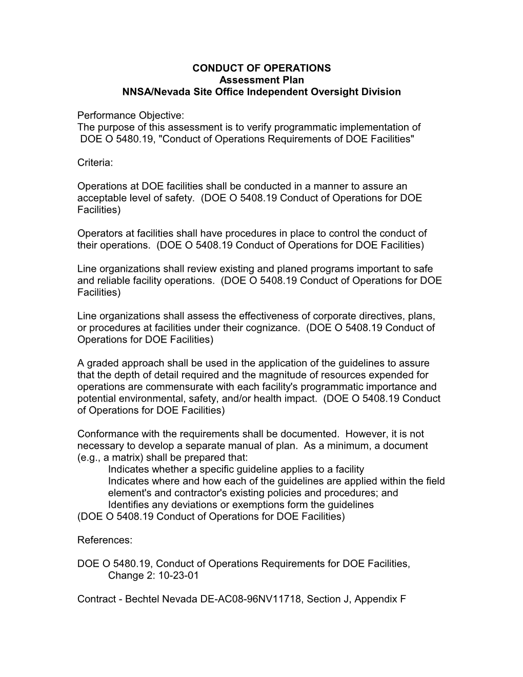 Conduct Operations Assessment Plan - Developed by NNSA/Nevada Site Office Independent Oversight