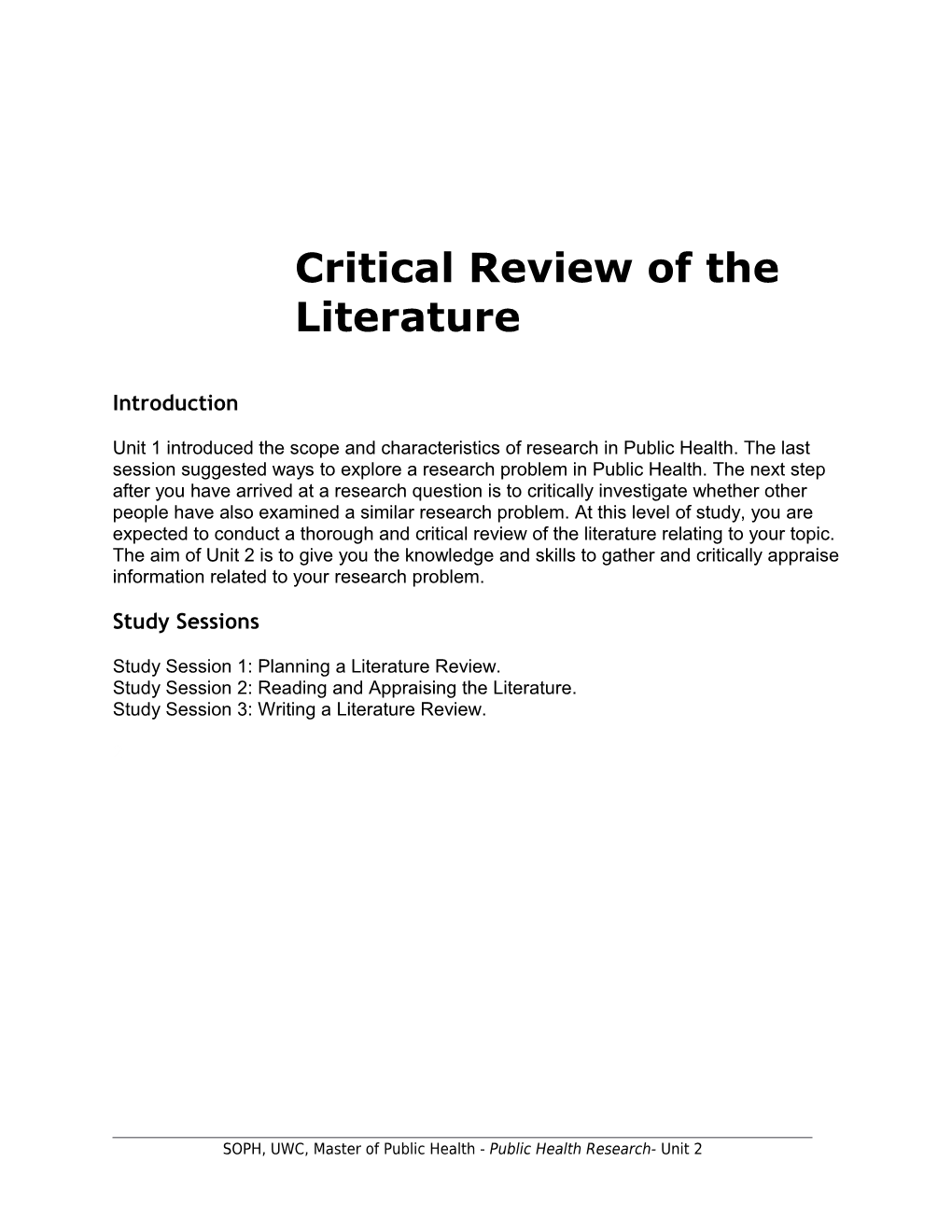 Critical Review of the Literature