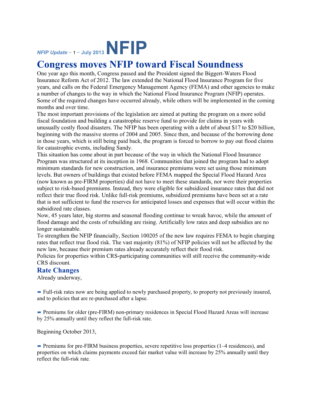 Congress Moves NFIP Toward Fiscal Soundness