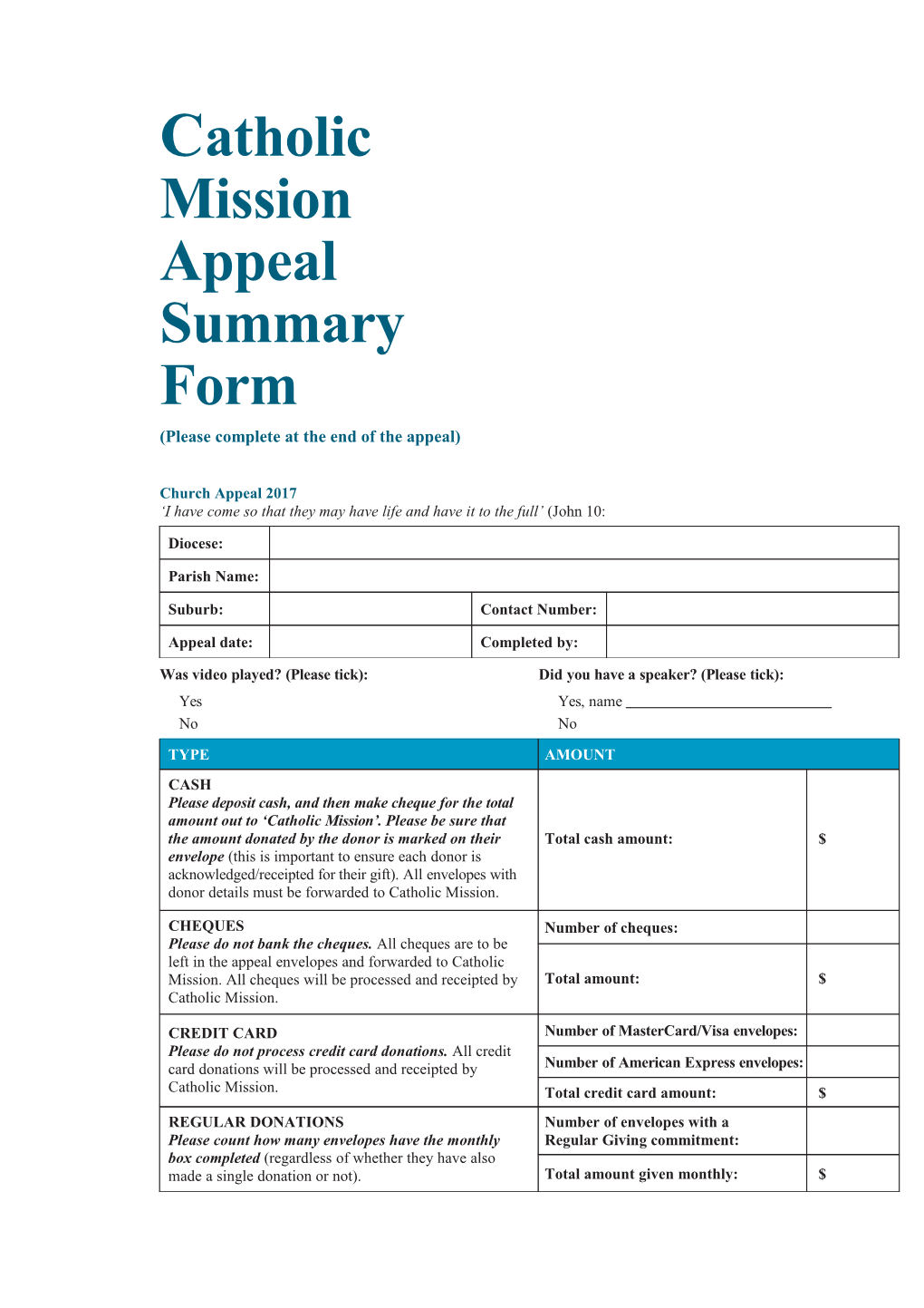 Catholic Mission Appeal Summary Form