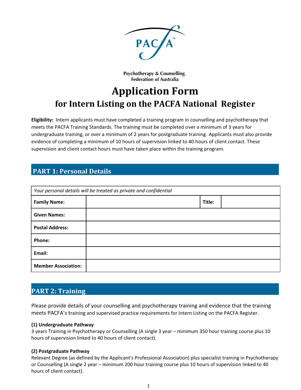 For Intern Listing on the PACFA National Register
