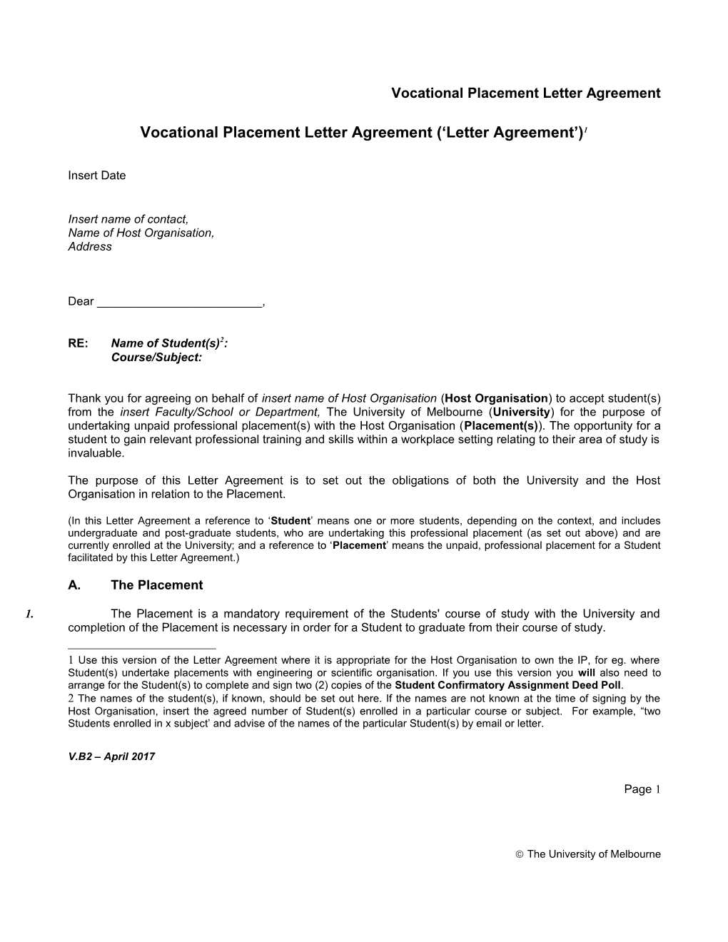Vocational Placement Letter Agreement ( Letter Agreement ) 1