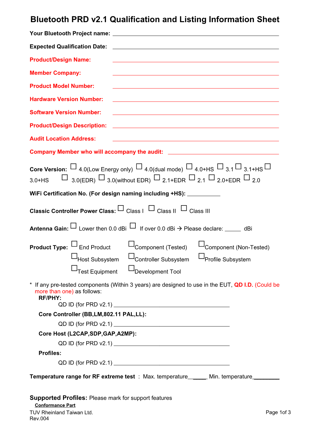Bluetooth Information Form Sheet