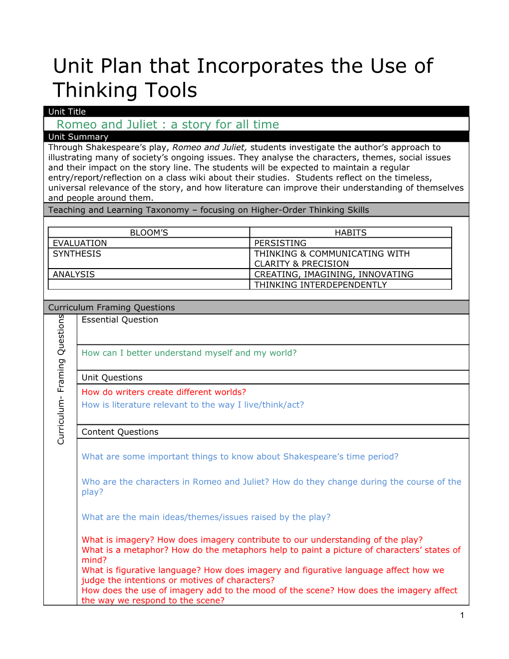 Unit Plan That Incorporates the Use of Thinking Tools