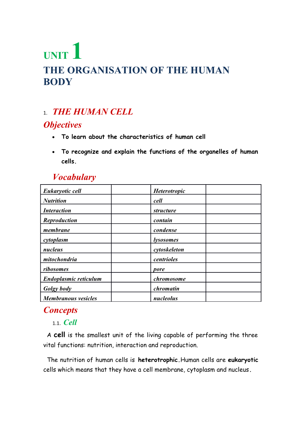 The Organisation of the Human Body