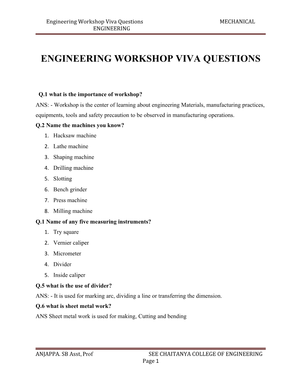 Engineering Workshop Viva Questions MECHANICAL ENGINEERING