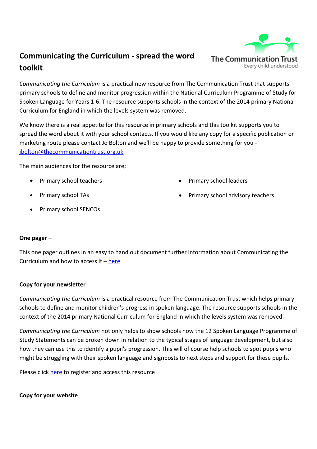 Communicating the Curriculum - Spread the Word Toolkit