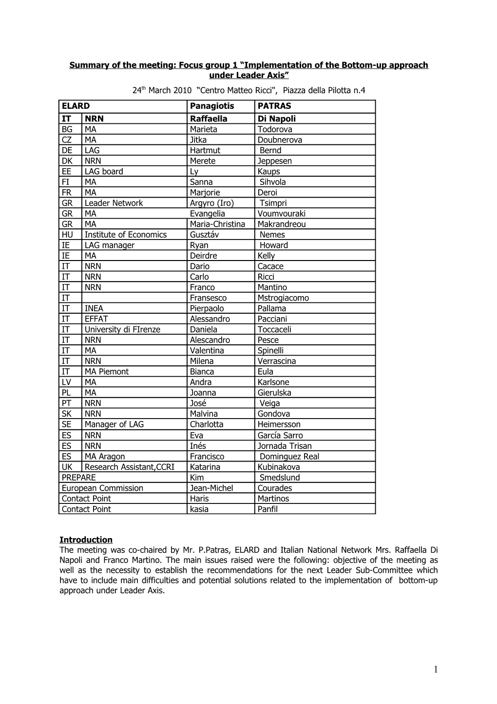 Summary of the Meeting: FOCUS GROUP 1 IMPLEMENTATION of the BOTTOM-UP APPROACH UNDER LEADER