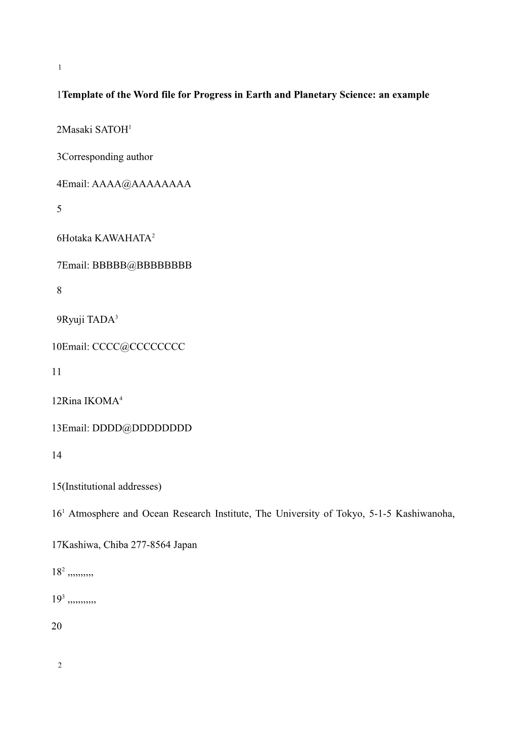 Template of the Word File for Progress in Earth and Planetary Science: an Example