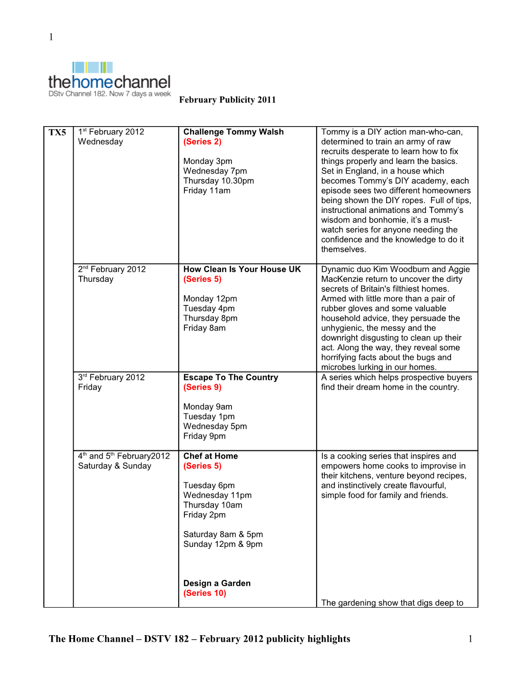 The Home Channel DSTV 182 February 2012 Publicity Highlights