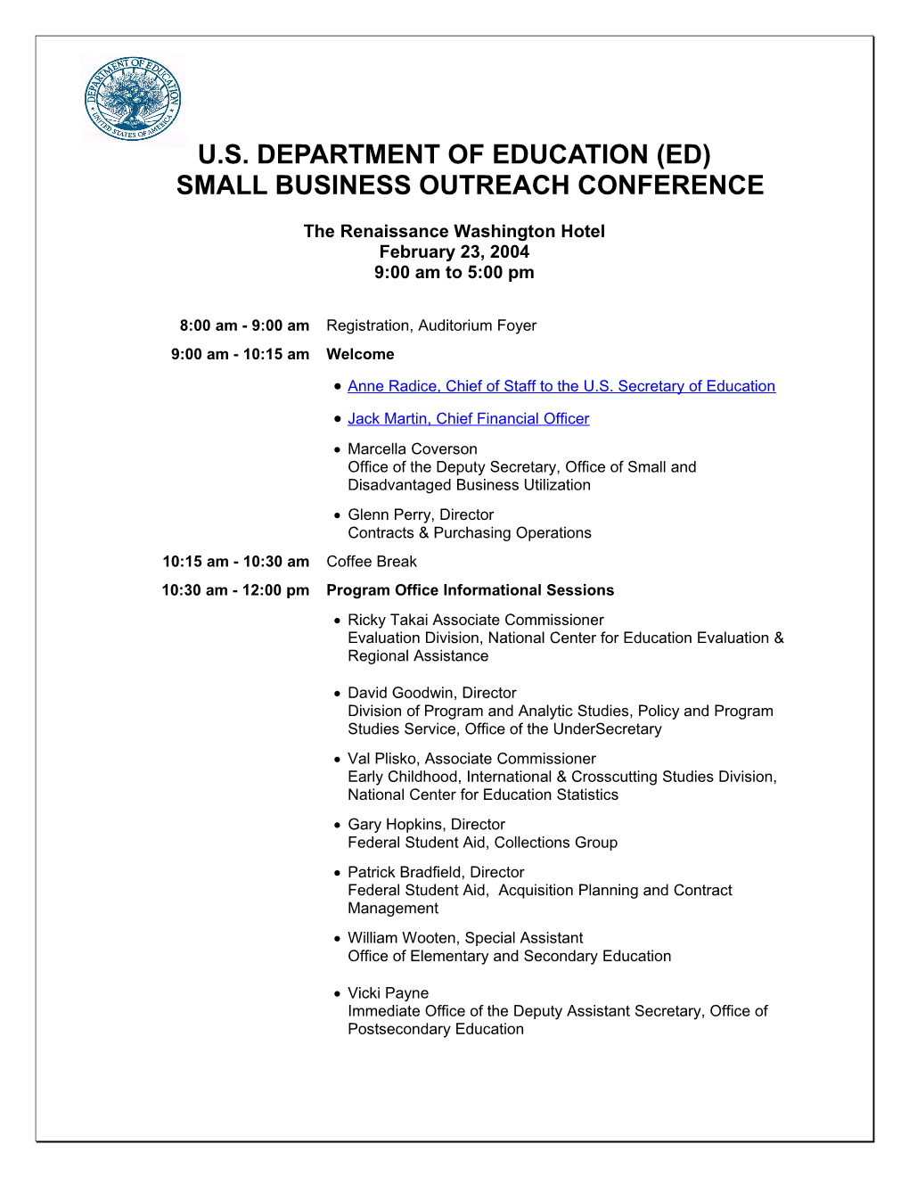 U.S. Department of Education (Ed) Small Business Outreach Conference