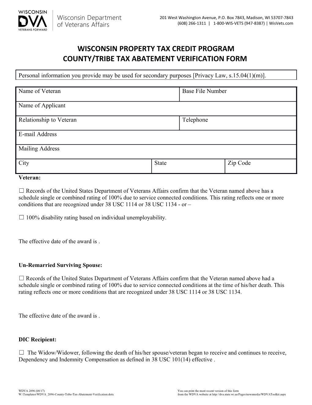 WDVA 2096 County Tribe Tax Abatement Verification